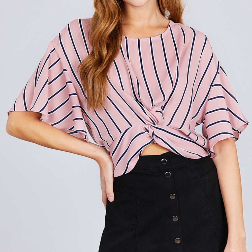 SHORT BELL SLEEVE ROUND NECK KNOT BACK BUTTON TOP